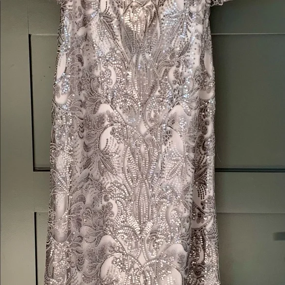 tadashi shoji grey dress Tadashi Shoji Sequin Embroidered Lace And Tulle Gown